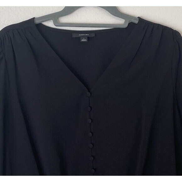 Alfani Smocked Peplum Top Black LARGE Buttons Long‎ Sleeve Office Dressy *READ - Picture 4 of 9